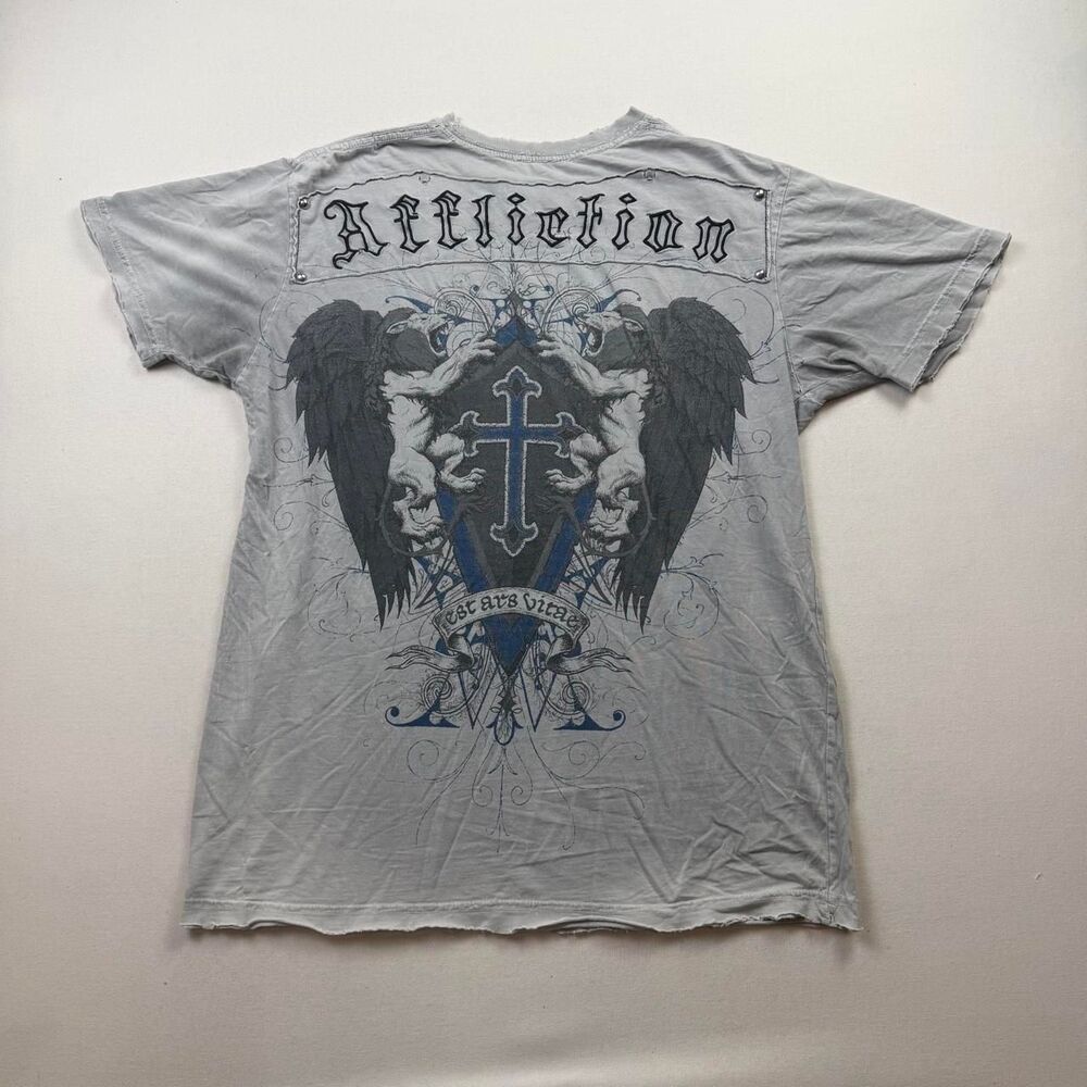 Y2K Affliction Tshirt Angel Wings Grunge Emo AOP Gray Black Tee Size Large